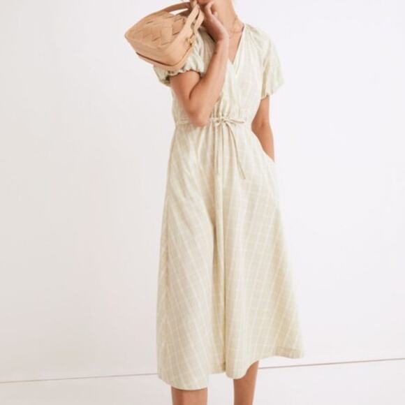Madewell Dresses & Skirts - Madewell Plaid Tie Waist Faux Wrap Midi Dress Faded Seagrass Green Cotton Small